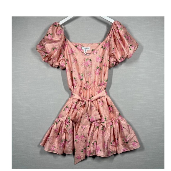 LoveShackFancy Target Pink Floral Puff Sleeve Mini Dress Belted Square Neck - Picture 4 of 9